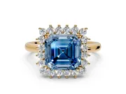 Starburst Halo Engagement Ring Setting for Fancy Blue Asscher Cut Center with Thin Round-Wire Band and Prong Head in Yellow Gold