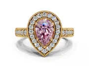 Milgrain Halo Engagement Ring Setting for Fancy Pink Pear-Shaped Center with Pave Band and Prong Head in Yellow Gold