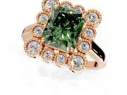 Cluster Halo Engagement Ring Setting for Fancy Green Radiant Cut Center with Milgrain Bezel Accents and Prong Head in Rose Gold
