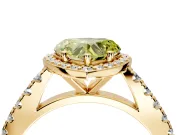 Halo Engagement Ring Setting for Fancy Yellow Heart-Shaped Center with Full Pave Band and Prong Head in Yellow Gold