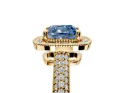 Milgrain Halo Engagement Ring Setting for Fancy Blue Cushion Cut Center with Three-Sided Pave Band and Prong Head in Yellow Gold
