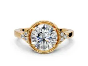 Cluster Engagement Ring Setting for Round Cut Center with Milgrain Shoulder Clusters and Prong Head in Yellow Gold