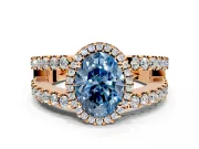 Halo Engagement Ring Setting for Fancy Blue Oval Center with Wide-Open Pave Split Shank and Prong Head in Rose Gold