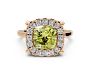 Single Halo Engagement Ring Setting for Fancy Yellow Cushion Cut Center with Corner Claws, Plain Band and Prong Head in Rose Gold