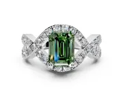 Halo Engagement Ring Setting for Fancy Green Emerald Cut Center with Pave Infinity Twist Band and Prong Head in Platinum
