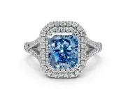 Double Halo Engagement Ring Setting for Fancy Blue Radiant Cut Center with Narrow Pave Split Shank and Prong Head in Platinum