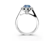 Halo Engagement Ring Setting for Fancy Blue Cushion Cut Center with Outer Bezel Rim, Pave Band and Prong Head in White Gold