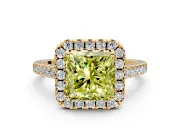 Halo Engagement Ring Setting for Fancy Yellow Princess Cut Center with Narrowing Pave Band and Prong Head in Yellow Gold