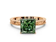 Solitaire Engagement Ring Setting for Fancy Green Princess Cut Center with Engraved Milgrain Band and Prong Head in Rose Gold