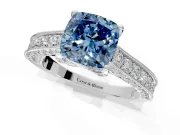 Solitaire Engagement Ring Setting for Fancy Blue Cushion Cut Center with Milgrain-Framed Pave Band and Prong Head in Platinum