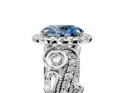 Milgrain Halo Engagement Ring Setting for Fancy Blue Oval Center with Shoulder Bezels and Prong Head in Sterling Silver