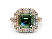 Double Halo Engagement Ring Setting for Fancy Green Asscher Cut Center with Narrow Pave Split Shank and Prong Head in Rose Gold