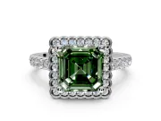 Milgrain Floral Halo Engagement Ring Setting for Fancy Green Asscher Cut Center with Pave Band and Prong Head in Platinum
