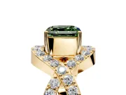 Halo Engagement Ring Setting for Fancy Green Asscher Cut Center with Pave Infinity Twist Band and Prong Head in Yellow Gold