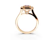 Halo Engagement Ring Setting for Fancy Pink Emerald Cut Center with Milgrain Frame, Pave Band and Prong Head in Rose Gold