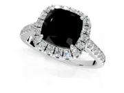 Halo Engagement Ring Setting for Fancy Black Cushion Cut Center with Narrowing Pave Band and Prong Head in Platinum