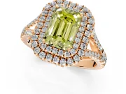 Double Halo Engagement Ring Setting for Fancy Yellow Emerald Cut Center with Narrow Pave Split Shank and Prong Head in Rose Gold