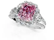 Halo Engagement Ring Setting for Fancy Pink Radiant Cut Center with Two-Strand Split Shank and Prong Head in Platinum