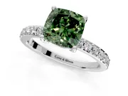 Solitaire Engagement Ring Setting for Fancy Green Cushion Cut Center with Round Cut Pave Band and Prong Head in Platinum