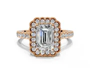 Milgrain Floral Halo Engagement Ring Setting for Emerald Cut Center with Pave Band and Prong Head in Rose Gold