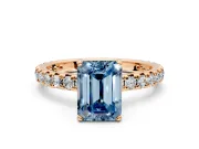 Solitaire Engagement Ring Setting for Fancy Blue Emerald Cut Center with Shared-Prong Accents and Prong Head in Rose Gold