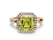 Halo Engagement Ring Setting for Fancy Yellow Asscher Cut Center with Pave and Plain Twist Band and Prong Head in Rose Gold