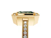 Halo Engagement Ring Setting for Fancy Green Emerald Cut Center with Milgrain Halo, Pave Band and Prong Head in Yellow Gold
