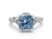 Floral Engagement Ring Setting for Fancy Blue Princess Cut Center with Pave Band and Floral Prong Head in White Gold