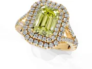 Double Halo Engagement Ring Setting for Fancy Yellow Emerald Cut Center with Narrow Pave Split Shank and Prong Head in Yellow Gold