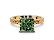 Solitaire Engagement Ring Setting for Fancy Green Princess Cut Center with Milgrain X Pattern Band and Prong Head in Yellow Gold