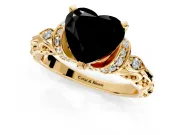 Solitaire Engagement Ring Setting for Fancy Black Heart-Shaped Center with Filigree Band and Prong Head in Yellow Gold
