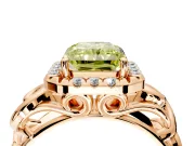 Halo Engagement Ring Setting for Fancy Yellow Radiant Cut Center with Open Scroll Shoulders and Prong Head in Rose Gold