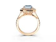 Double Halo Engagement Ring Setting for Fancy Blue Asscher Cut Center with Narrow Pave Split Shank and Prong Head in Rose Gold