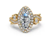 Milgrain Halo Engagement Ring Setting for Marquise Center with Shoulder Bezels and Prong Head in Yellow Gold