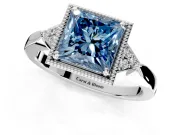 Cluster Engagement Ring Setting for Fancy Blue Princess Cut Center with Milgrain Shoulder Clusters and Prong Head in Platinum