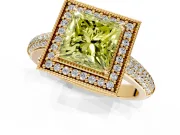 Milgrain Halo Engagement Ring Setting for Fancy Yellow Princess Cut Center with Three-Sided Pave Band and Prong Head in Yellow Gold