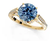 Cathedral Engagement Ring Setting for Fancy Blue Round Cut Center with Antique-Style Pave Band and Prong Head in Yellow Gold