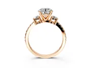 3 Stone Engagement Ring Setting for Round Cut Center with Round Cut Side Accents and Prong Head in Rose Gold