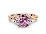 3 Stone Engagement Ring Setting for Fancy Pink Round Cut Center with Wide Plain Band and Prong Head in Rose Gold