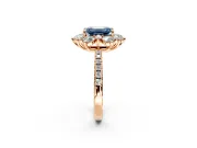 Floral Halo Engagement Ring Setting for Fancy Blue Emerald Cut Center with Pave Accents and Prong Head in Rose Gold