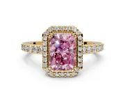 Halo Engagement Ring Setting for Fancy Pink Radiant Cut Center with Inner Milgrain Border and Prong Head in Yellow Gold