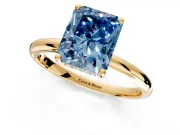 Hidden Halo Engagement Ring Setting for Fancy Blue Radiant Cut Center with Thin Round-Wire Band and Prong Head in Yellow Gold
