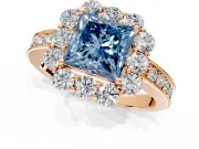 Halo Engagement Ring Setting for Fancy Blue Princess Cut Center with Milgrain Channel Band and Prong Head in Rose Gold