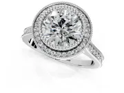Halo Engagement Ring Setting for Round Cut Center with Milgrain Frame, Pave Band and Prong Head in Platinum