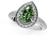 Milgrain Halo Engagement Ring Setting for Fancy Green Pear-Shaped Center with Three-Sided Pave Band and Prong Head in Platinum