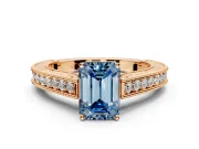 Solitaire Engagement Ring Setting for Fancy Blue Emerald Cut Center with Engraved Pave Band and Prong Head in Rose Gold