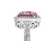 Halo Engagement Ring Setting for Fancy Pink Radiant Cut Center with Heart-Shaped Openwork, Pave Band and Prong Head in Platinum