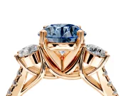 3 Stone Engagement Ring Setting for Fancy Blue Round Cut Center with Crossover Basket, Pave Band and Prong Head in Rose Gold