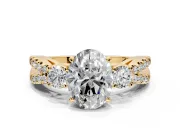 3 Stone Engagement Ring Setting for Oval Center with Pave Split Shank and Prong Head in Yellow Gold