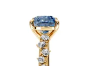 Solitaire Engagement Ring Setting for Fancy Blue Cushion Cut Center with Trailing Leaf Accent Band and Prong Head in Yellow Gold
